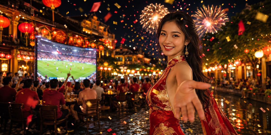 Đèn lồng Hội An lung linh bên cạnh màn hình cập nhật kết quả bóng đá và giải thưởng